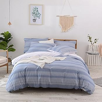Lausonhouse Duvet Cover Set,100% Cotton Yarn Dyed Stripe Duvet Cover with 2 Pillowshams 3pcs- Que... | Amazon (US)