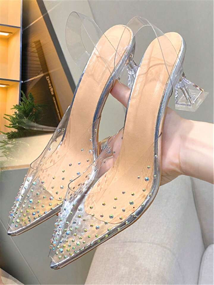 Peep Toe High Heel Women's Sandals, Pointed Toe Diamond Decor Transparent Fashionable Sandals, Br... | SHEIN