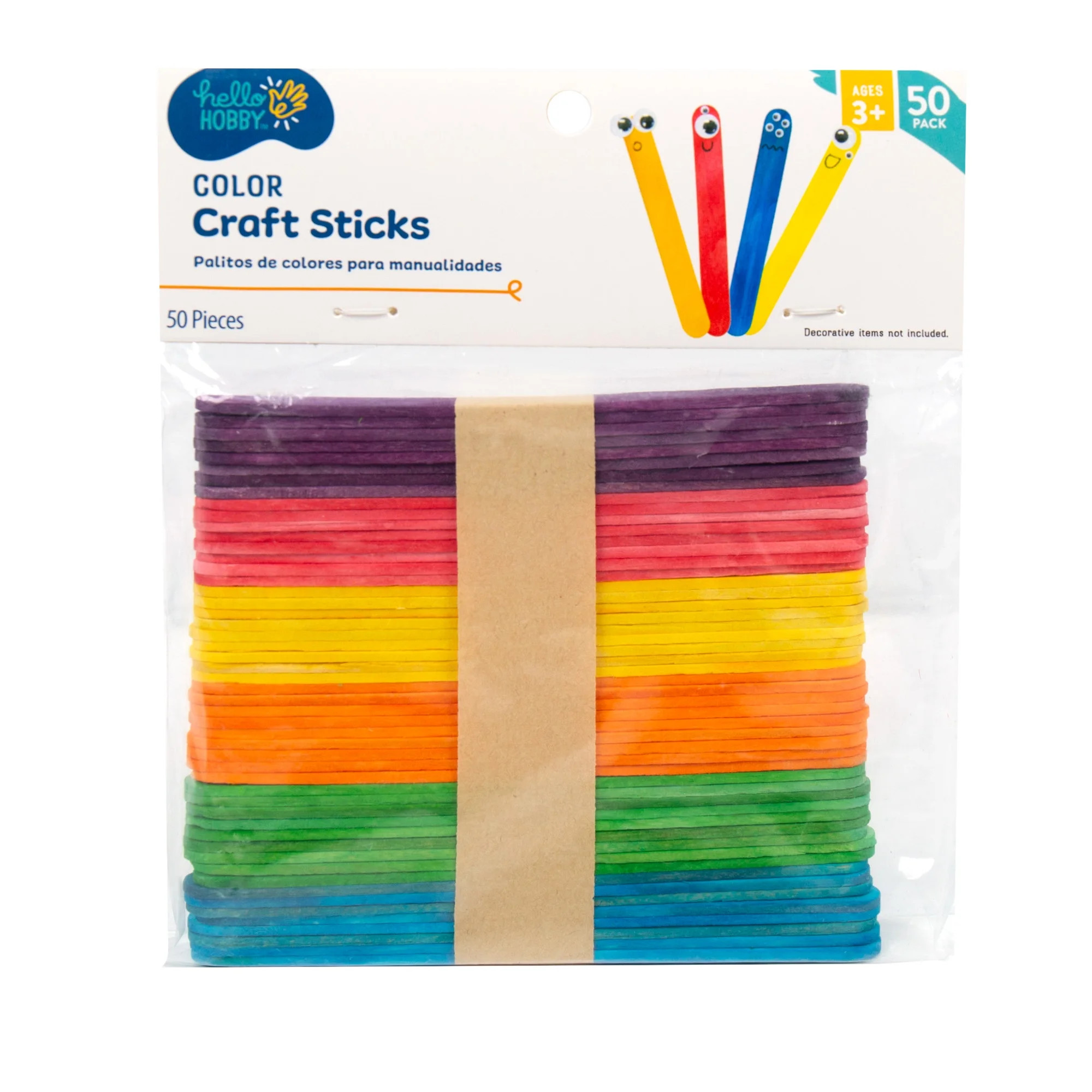 Hello Hobby Multicolor Wood Craft Sticks, 50-Pack | Walmart (US)