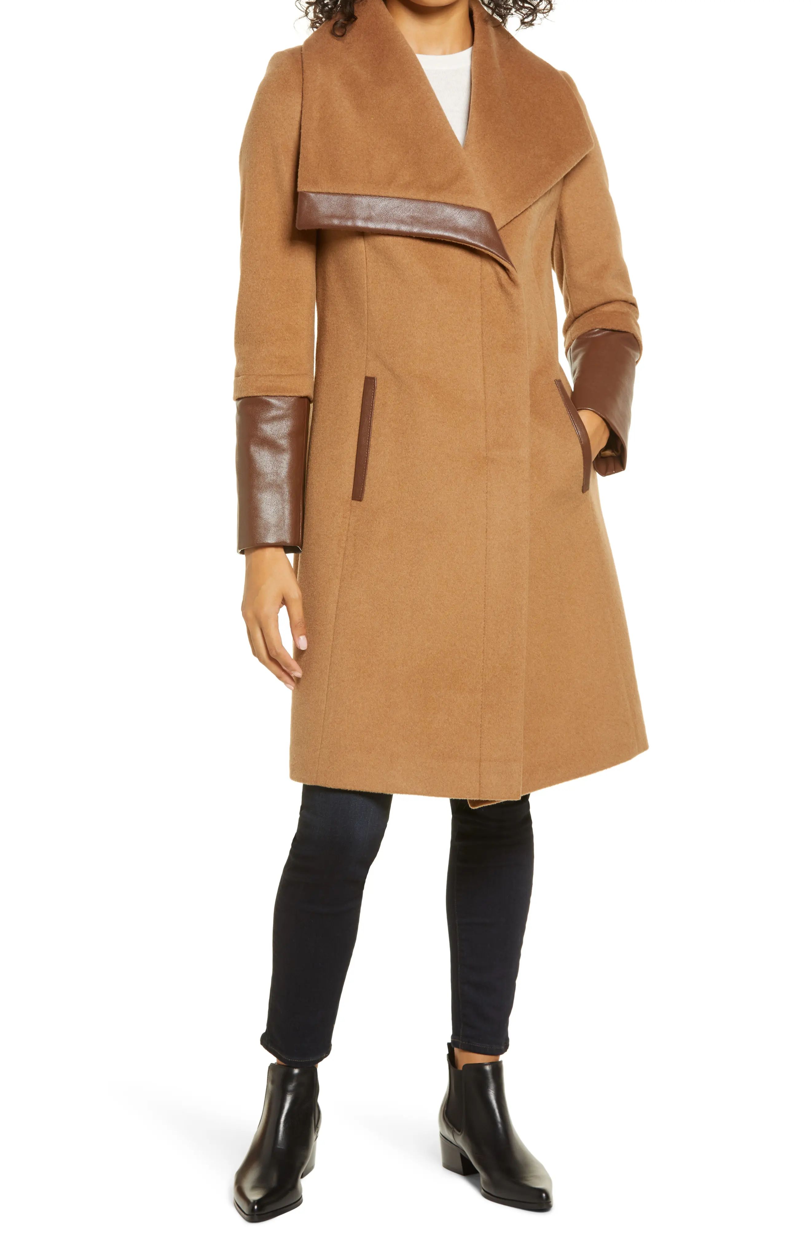 Women's Via Spiga Wool Blend Faux Leather Detail Coat, Size 2 - Brown | Nordstrom