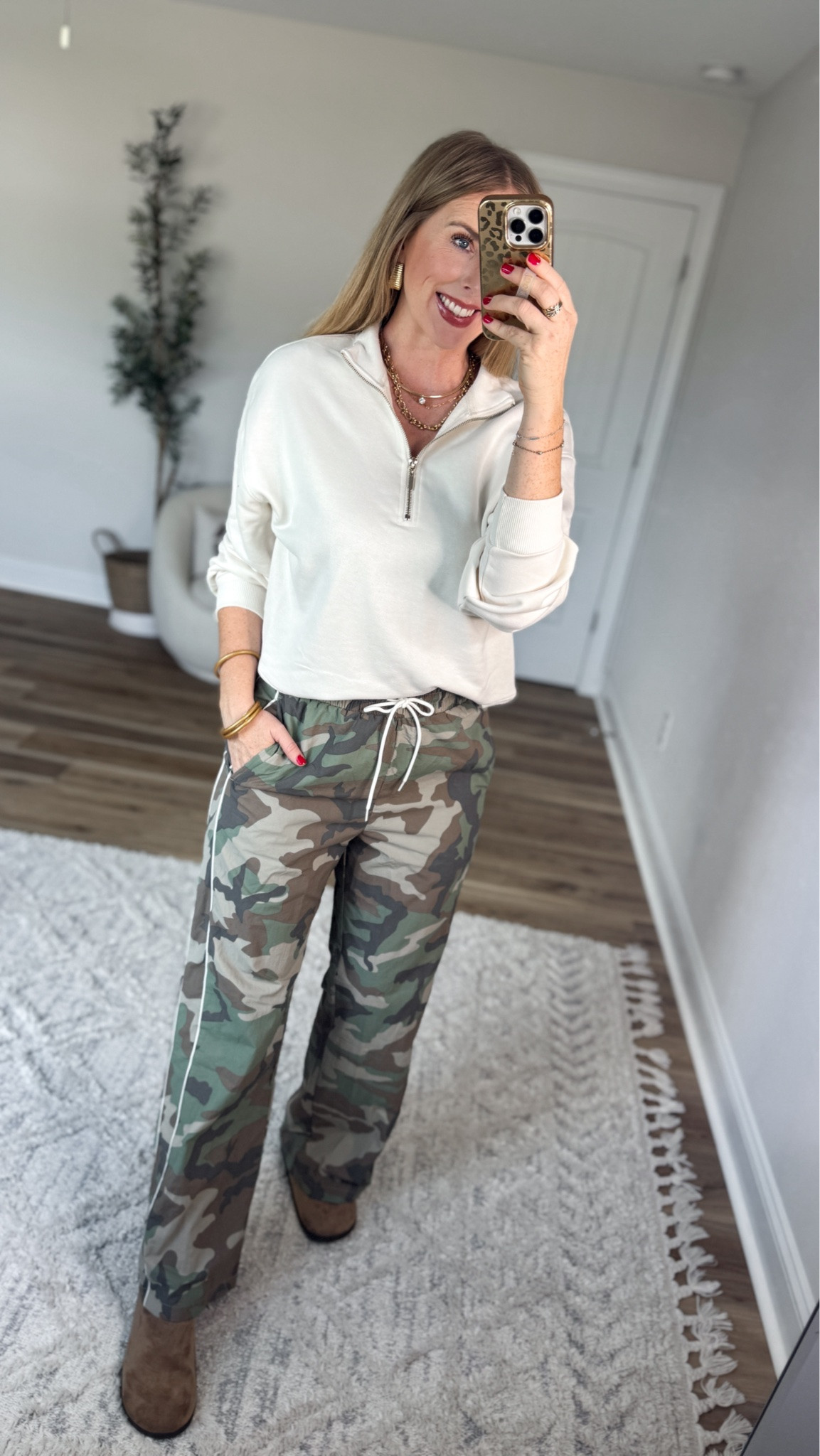 Daily try on, Walmart outfit, Walmart fashion, Walmart style, scenario, quarter zip sweatshirt, camo track pants