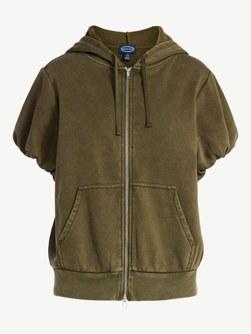 Scoop Women’s Mineral Washed Zip Hoodie with Short Puff Sleeves, Sizes XS-XXL | Walmart (US)