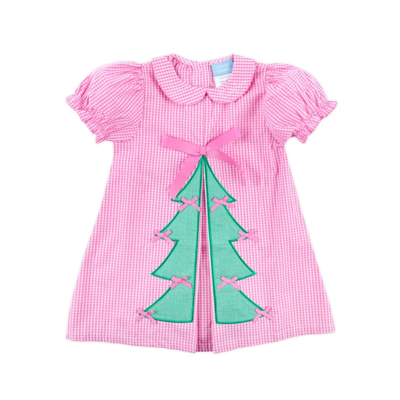 Christmas Tree Bows Applique Pink Gingham Front Pleat Dress | Classic Whimsy