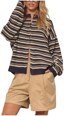 Women's Cardigan Sweater Striped Button Up Crew Neck Long Sleeve Trendy Casual Knitted Cardigans | Amazon (US)