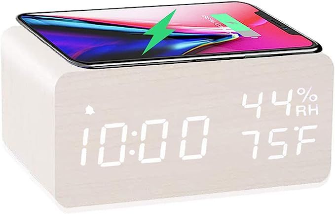 Wooden Digital Alarm Clock with Wireless Charging, 3 Alarms LED Display, Sound Control and Snooze... | Amazon (US)