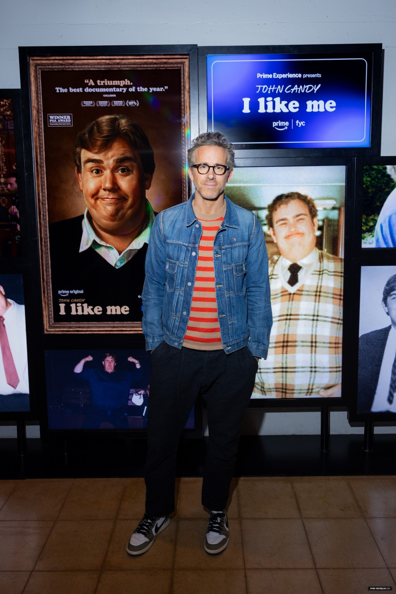 Ryan Reynolds at the "John Candy: I Like Me" Los Angeles Screening and Reception, wearing a The Elder Statesman striped cashmere knit shirt, Visvim denim jacket, Oliver Peoples glasses, and Nike Air Jordan 1 low sneakers. 

 

#LTKootd #LTKOver40 #LTKMens