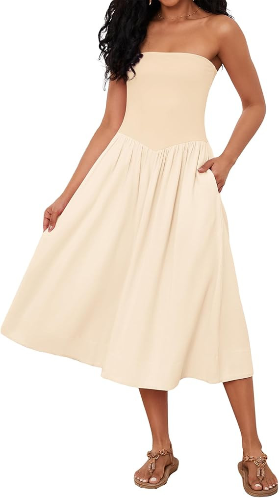 OLAPTA Women Strapless Tube Top Maxi Dresses Patchwork Casual Sleeveless Backless Dresses Swing B... | Amazon (US)