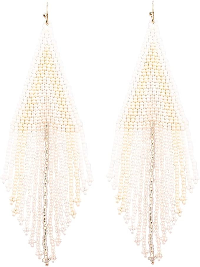 Luluping Long Beaded Dangle Earrings – Boho Native Handmade Seed Bead Tassel Earrings for Women... | Amazon (US)