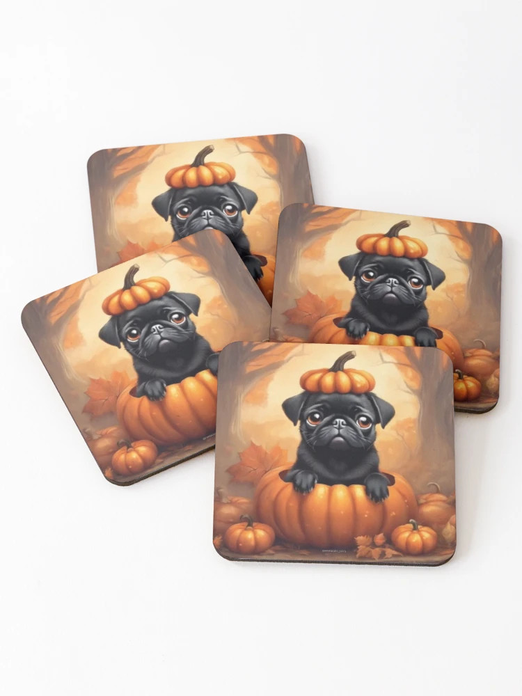 Black Fall Pug Coasters (Set of 4) | Redbubble (US)