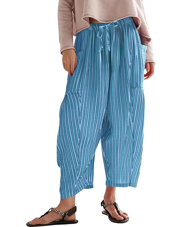 MISSACTIVER Women Summer Striped Harem Pants Flowy Baggy Casual Wide Leg Trousers Drawstring Boho... | Amazon (US)