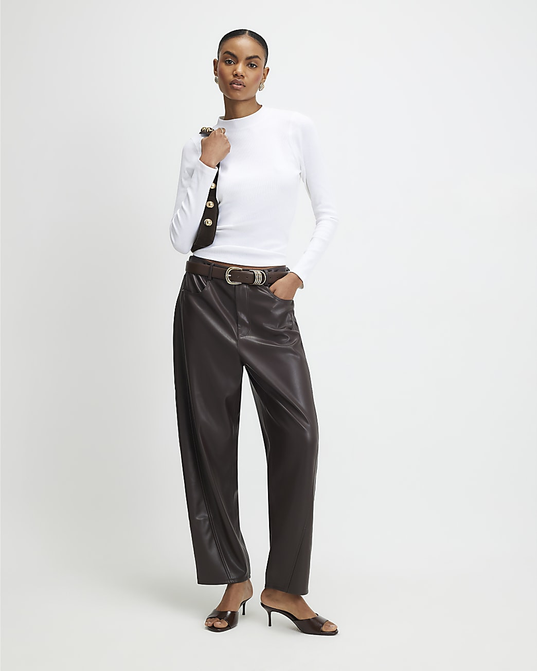Brown Faux Leather Barrel Leg Trousers | River Island UK & IE