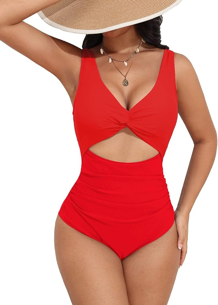 AI'MAGE Women's One Piece Swimsuit High Waisted Bathing Suit Cutout Monokini V Neck Swimwear | Amazon (US)