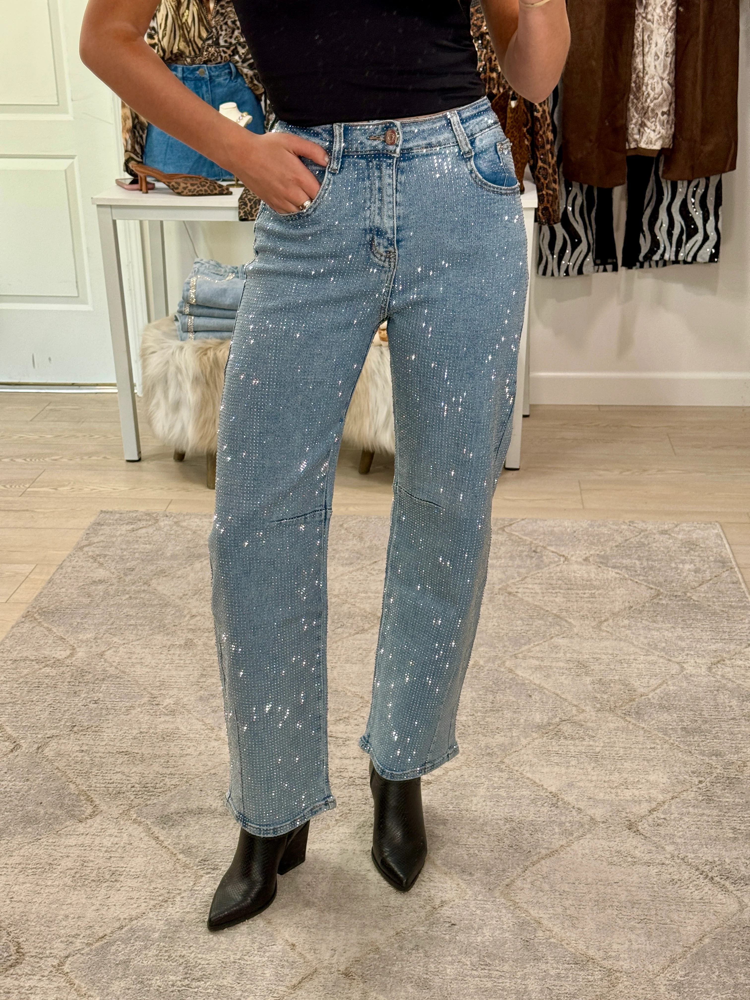 NEW!! The Westgate Light Denim Barrel Rhinestone Jean | Glitzy Bella