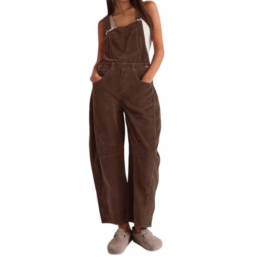 MIFJNF Corduroy Overalls for Women Corduroy Jumpsuit Wide Leg Barrel Bib Overalls Adjustable Straps Romper with Pockets (Brown,Large,Large) | Amazon (US)