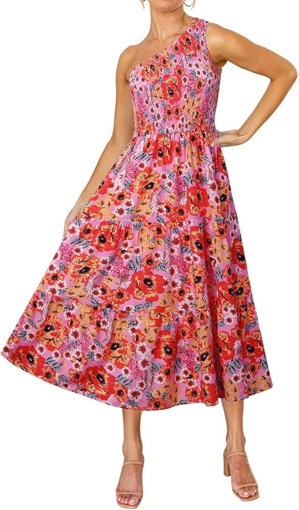 ZESICA Women's Bohemian Summer Floral Print One Shoulder Sleeveless Smocked Ruffle Tiered Beach Long | Amazon (US)