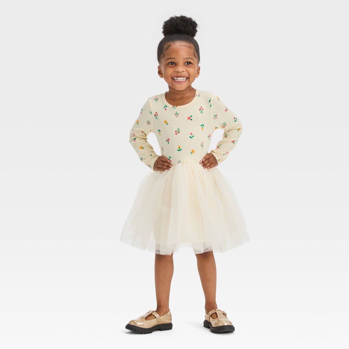 Toddler Girls' Floral Long Sleeve Knit Tulle Dress - Cat & Jack™ Off-White | Target
