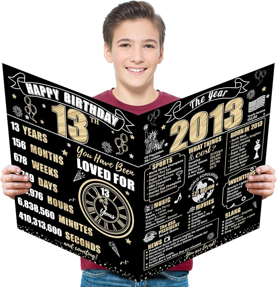 Large 13th Birthday Card With Envelope for Boys Girls, 2013 Black Gold Happy 13th Birthday Giant ... | Amazon (US)