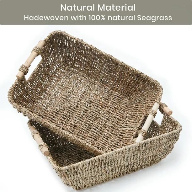 Hand Woven Storage Baskets with Wooden Handles, Seagrass Wicker Baskets for Organizing, Rattan St... | Walmart (US)