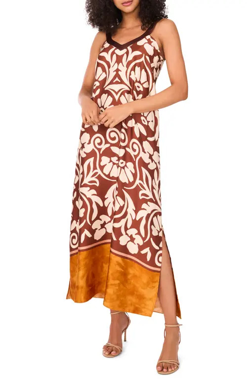 halogen(r) Floral Border Print Sleeveless Satin Maxi Dress in Cafe at Nordstrom, Size Medium | Nordstrom