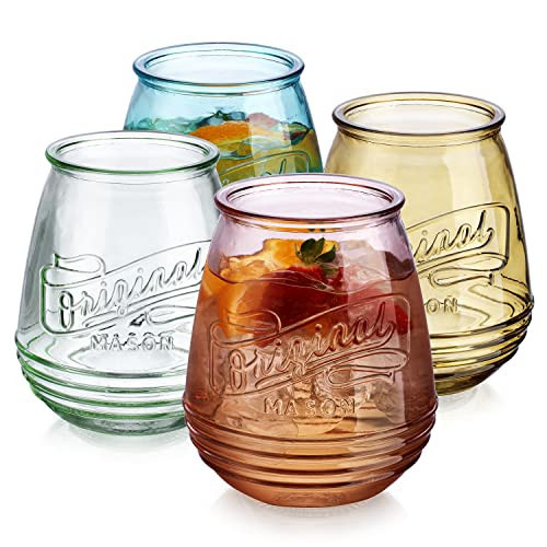 Wine Glasses Set Of 4 Assorted Colored Stemless Glasses 21 OZ. Original Mason Large Wine Cup, Red and White Wine Drinking Water Glasses. Juice, Cocktails, Smoothies, Vintage Bar | Amazon (US)