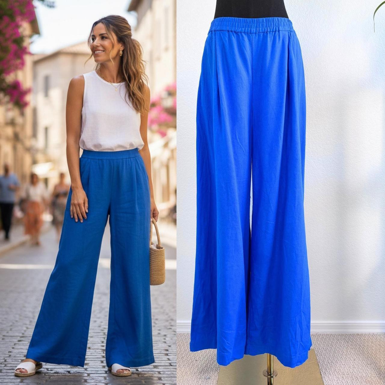 Zara Women's Wide leg Pants - Blue - L | Depop US