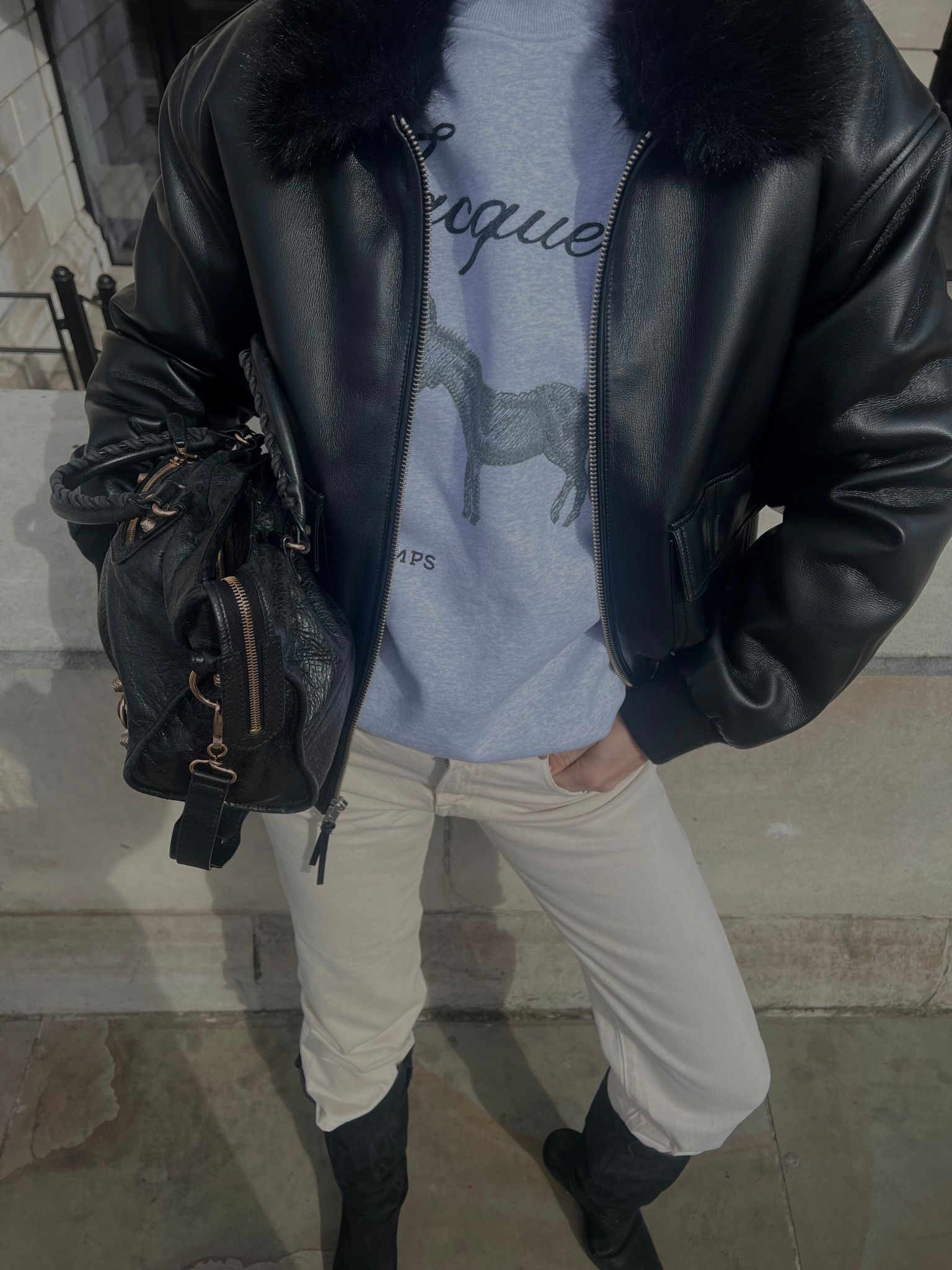Jacquemus sweatshirt, leather jacket, balenciaga bag, cream jeans, spring outfit 

#LTKspring #LTKuk #LTKstyletip