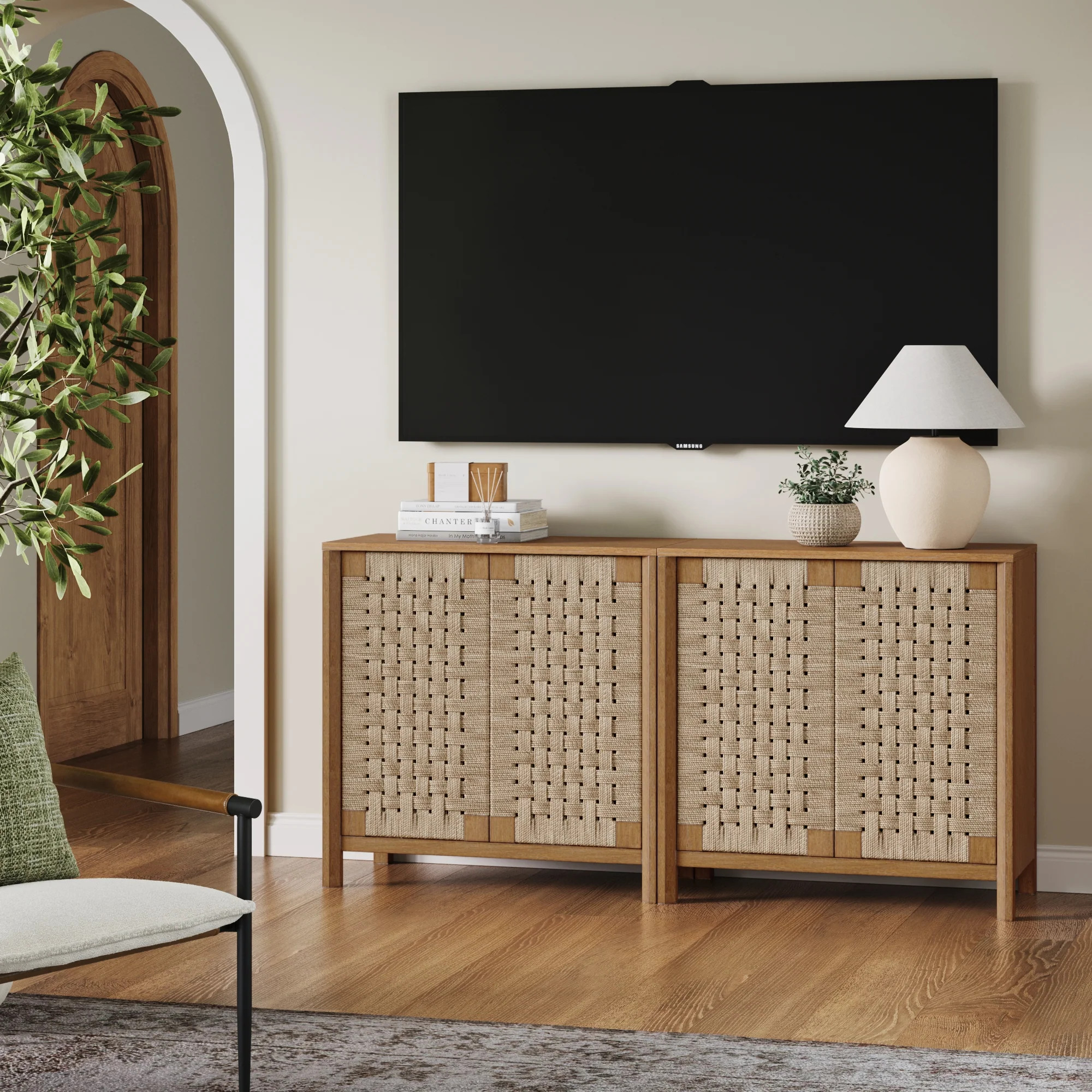 Boho Woven Seagrass TV Console Credenza Light Brown (Set of 2) | Nathan James