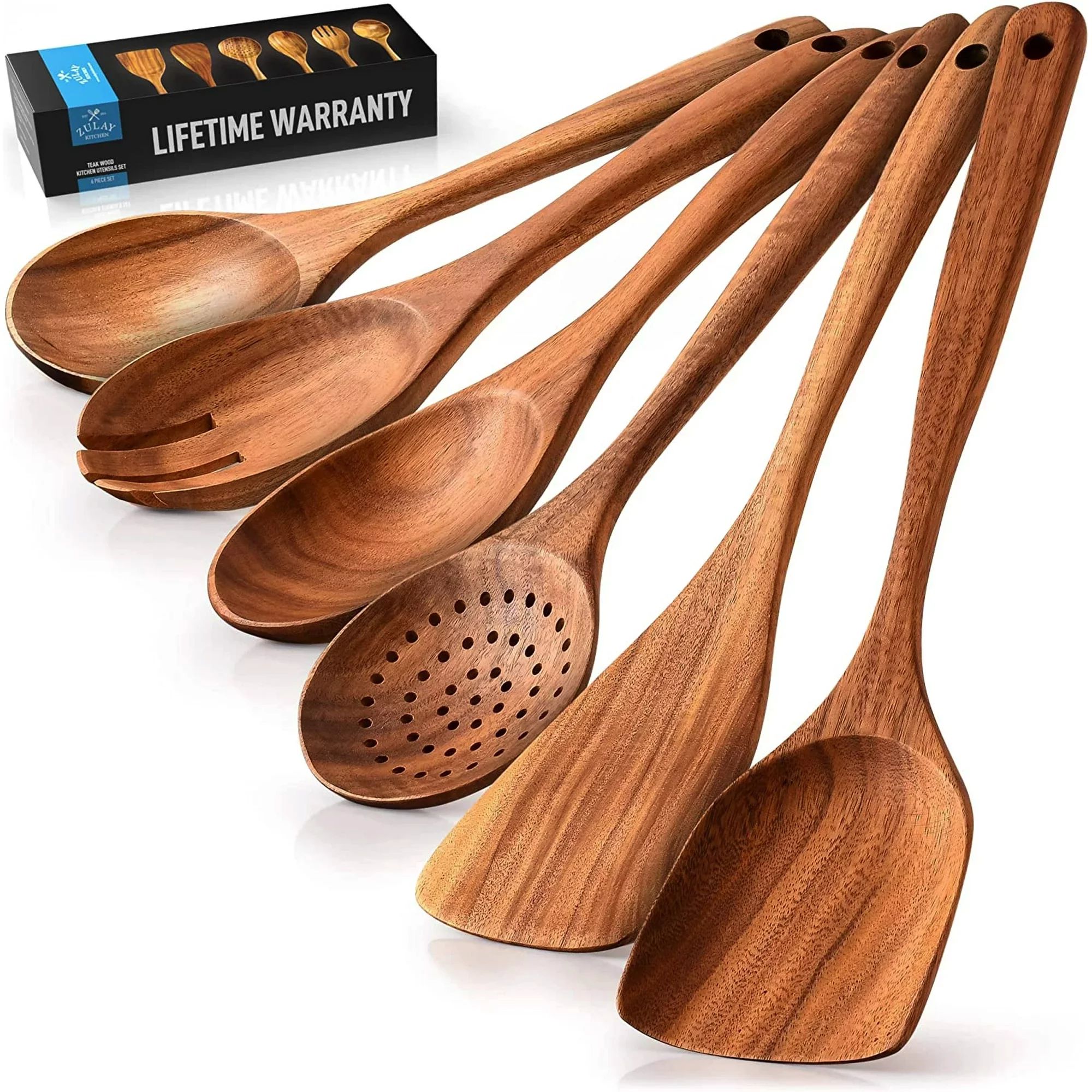 Zulay Kitchen Wooden Spoon for Cooking, Wooden Utensils for Cooking, Teak Wood Utensil Set Non St... | Walmart (US)