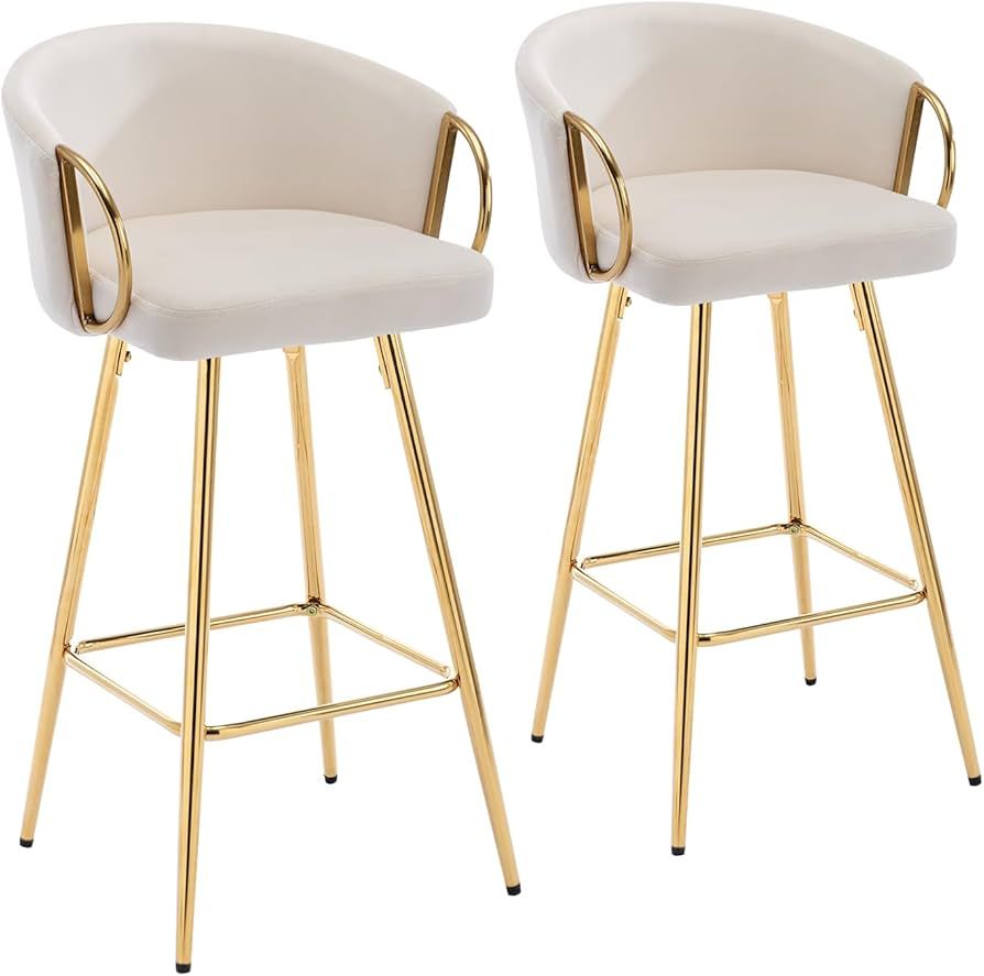 Bar Stools Set of 2,30 Inch Counter Height Bar Stools Velvet Low Back Chair with Golden Armrest f... | Amazon (US)