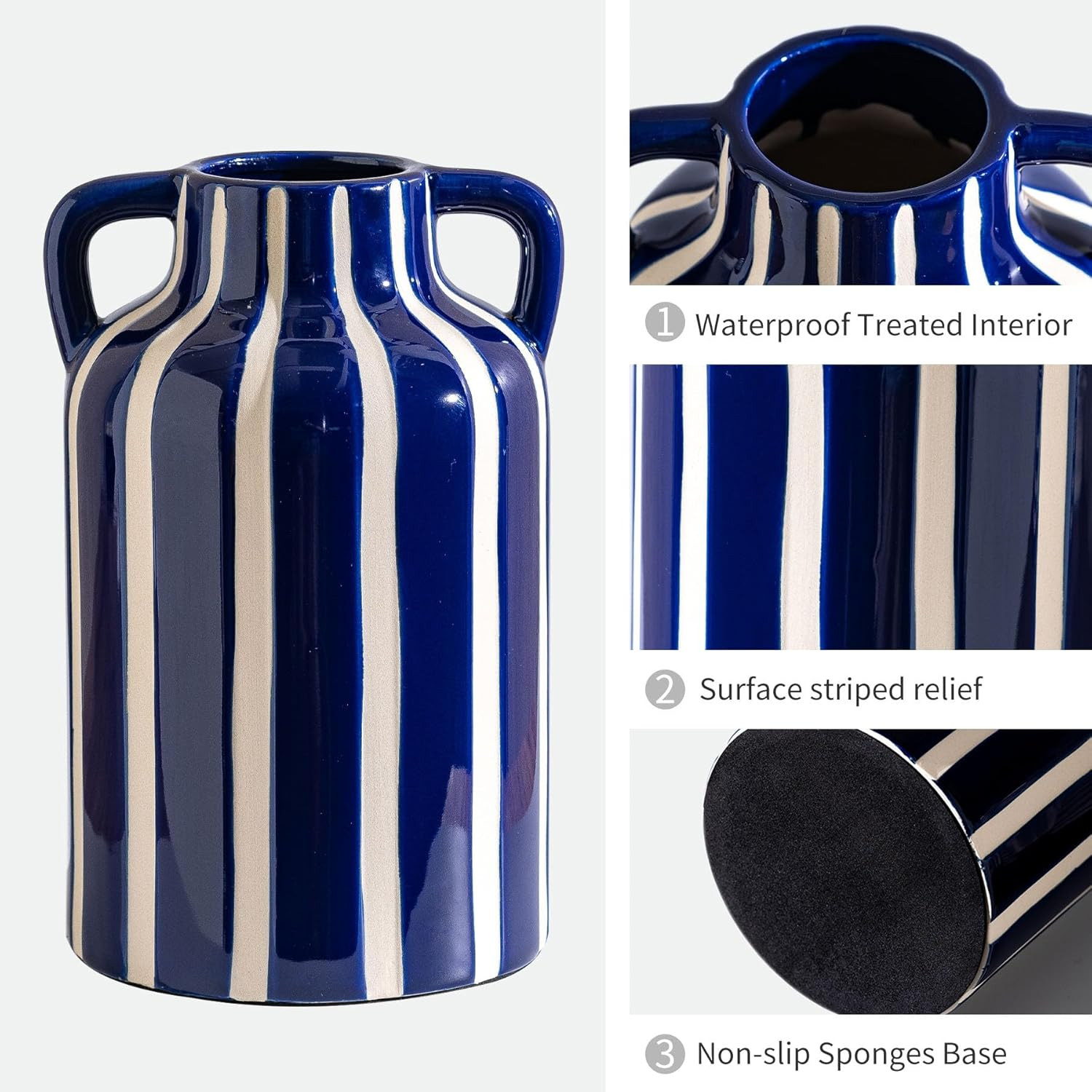 Ceramic Blue and White Checkered Stripes Vase with Handles, Modern Bohemian Floral Navy Blue Vase... | Amazon (US)