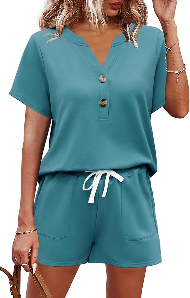 AKEWEI Womens Two Piece Outfits Summer Lounge Sets Tracksuit V Neck Buttons Down Tops and Shorts ... | Amazon (US)
