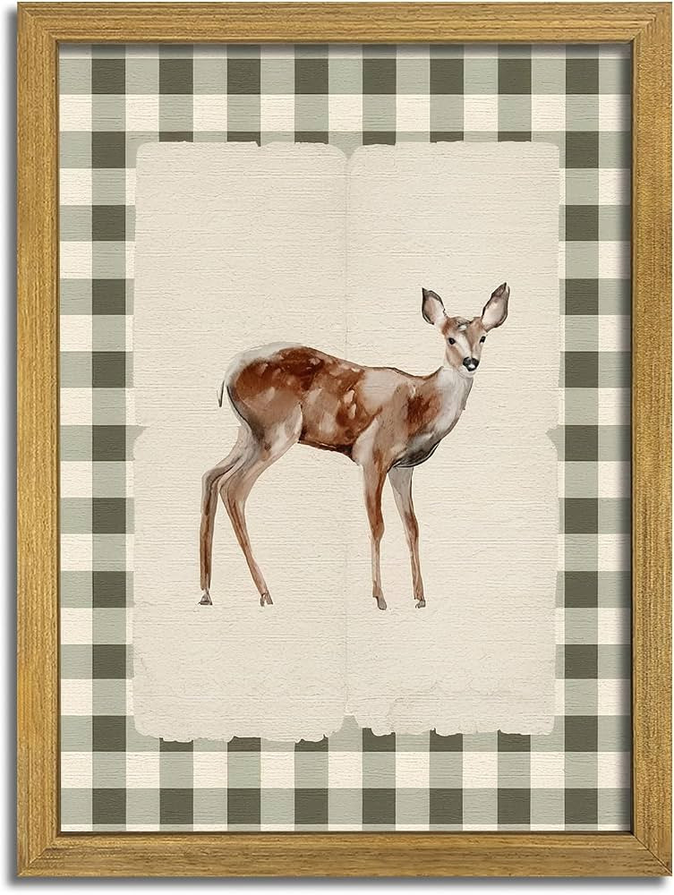 Wood Framed Deer Wall Art Print, Woodland Baby Deer Canvas Poster Wall Decor, Vintage Rustic Gree... | Amazon (US)