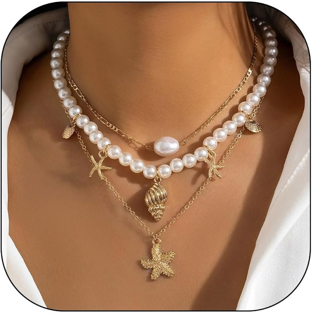 YANCHUN Shell Necklace Beach Jewelry for Women Sea Shell Necklace Layered Gold Shell Charm Neckla... | Amazon (US)