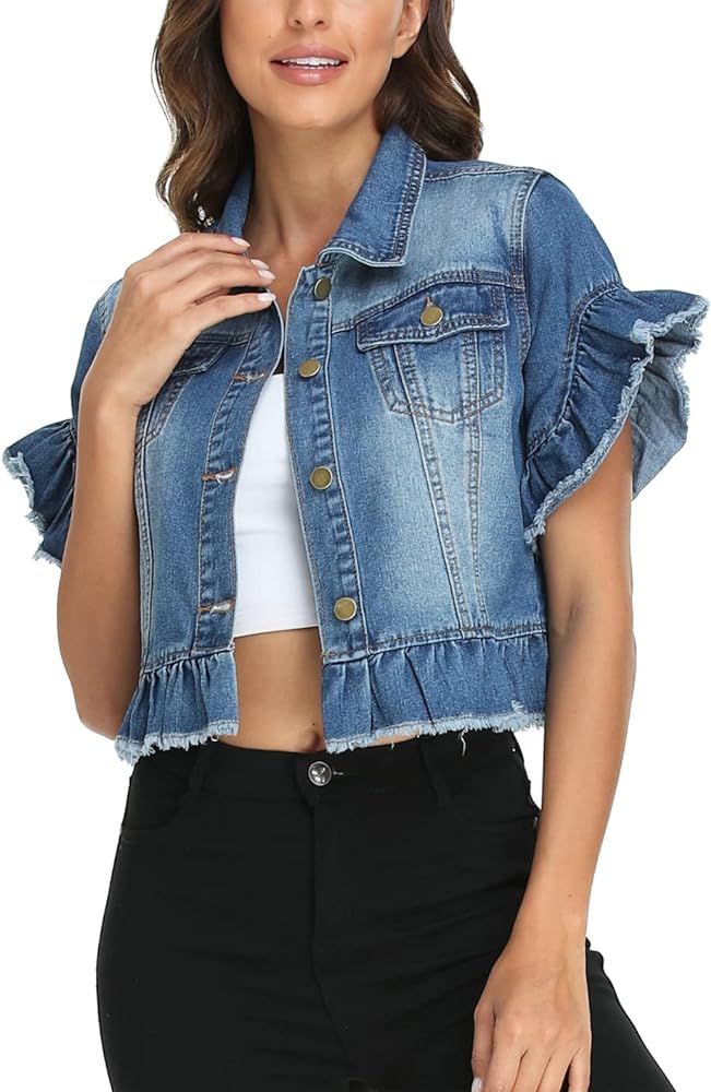 MISS MOLY Women's Denim Jacket Ruffle Sleeve Button Down Distressed Summer Cropped Jean Jackets | Amazon (US)