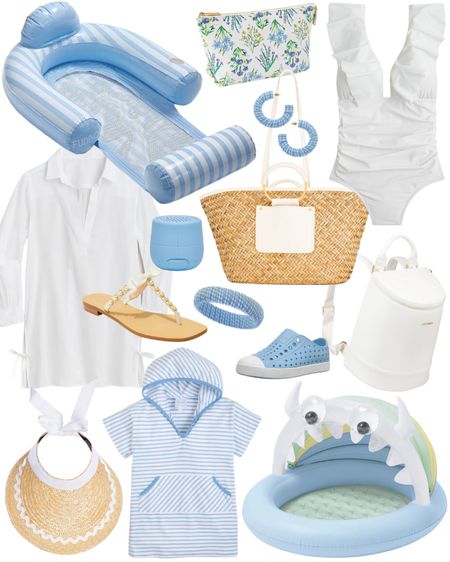 Blue pool float, white beach coverup, white coverup, white swim, white bathing suit, boy’s swim, mommy and me, beach bag, pool bag, blue gingham, light blue earrings, white pearl sandals, floral waterproof bag, straw woven rattan visor, blue waterproof shoes, white cooler backpack, seaside, waterproof, beach style, summer outfit, summer style, classic preppy style, outdoor fun, pool design, pool decor, pool party, coastal style 

#LTKswim #LTKSeasonal #LTKkids