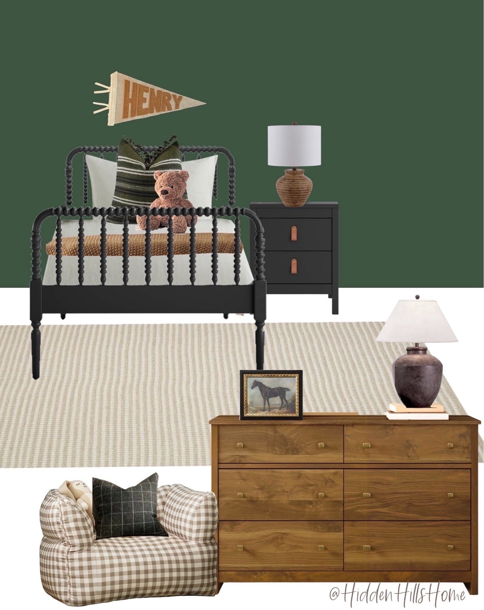 Green boys bedroom mood board, boys room design inspiration, bedroom ideas for little boy, boys bed #boys #green #bedroom
