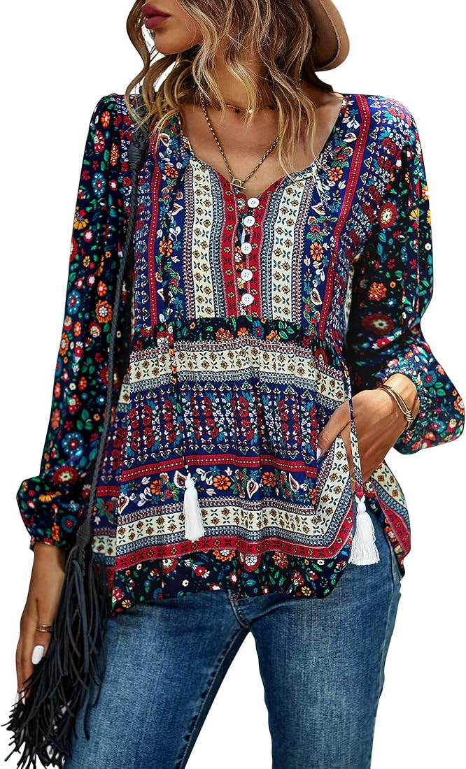 KAYWIDE Women's Casual Boho V Neck Top Loose Floral Printed Long Sleeve Beach Shirts Blouses | Amazon (US)