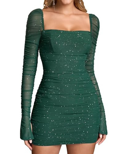 JKMNAO Women Sequin Long Sleeve Mini Dress Bodycon Party Formal Going Out Sparkly Sexy Dresses Green | Amazon (US)