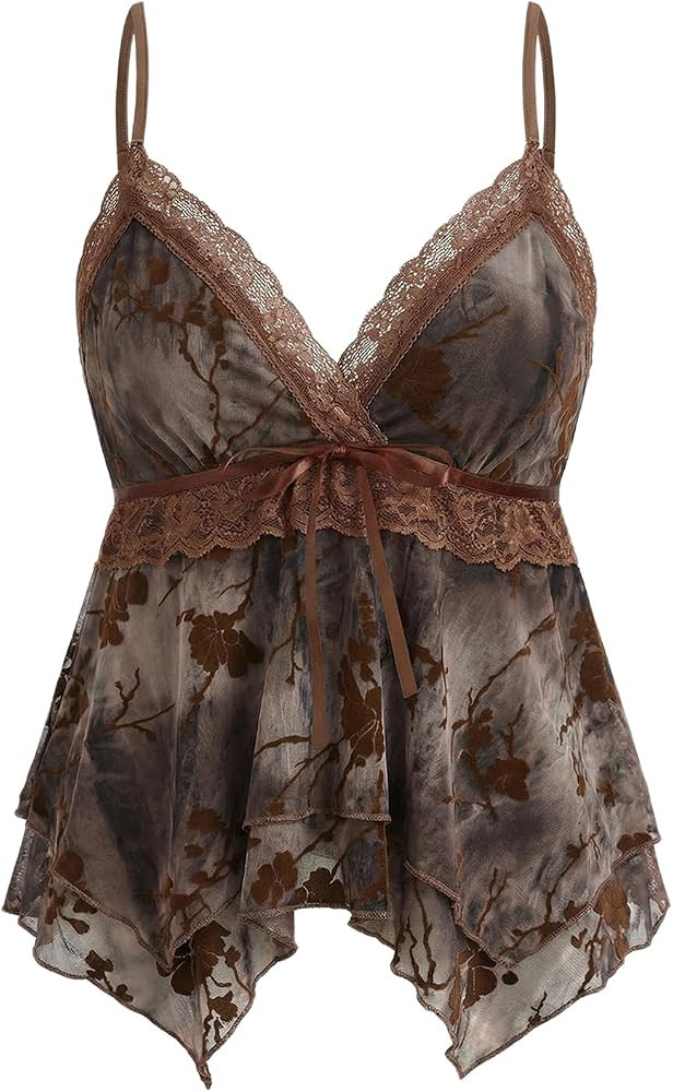 Verdusa Women's Y2K Tops Babydoll Summer Tank Tops Going Out Floral Lace Flowy Mesh Shirt Whimsic... | Amazon (US)