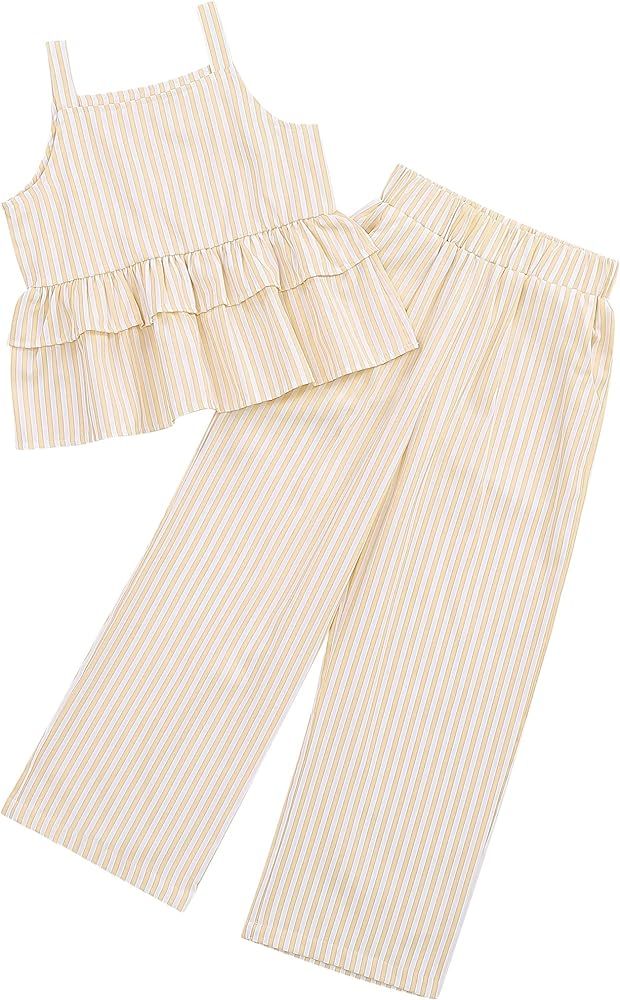 Girl's 2 Piece Outfits Cami Top Wide Leg Pants Ruffle Hem Summer Clothes with 2 Pockets 3-12Y | Amazon (US)
