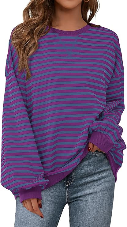 PRETTYGARDEN Womens Striped Oversized Sweatshirt Lightweight Fall Clothes | Stitching Crew Neck S... | Amazon (US)