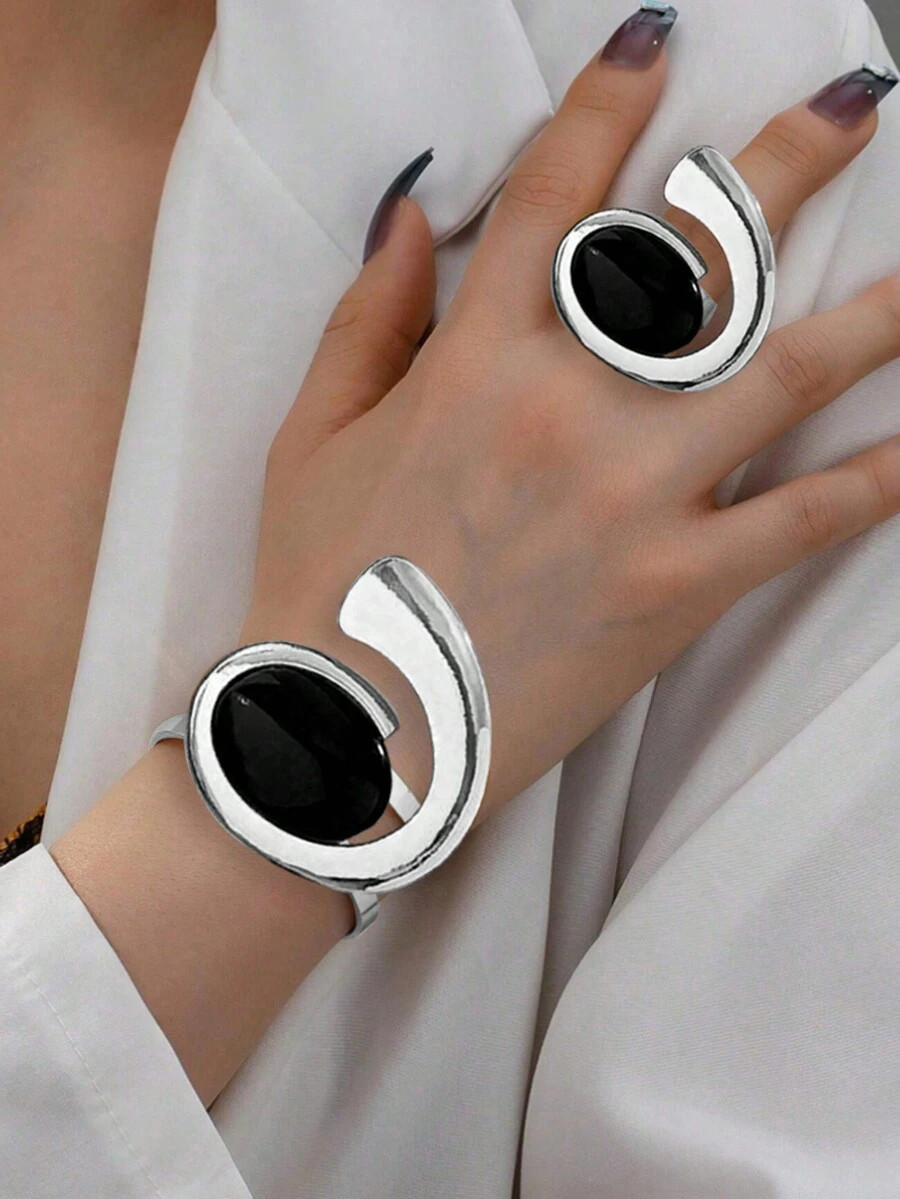 2pcs/Set European & American Stylish Comma Shaped Acrylic Ring And Bracelet Set, Autumn & Winter ... | SHEIN