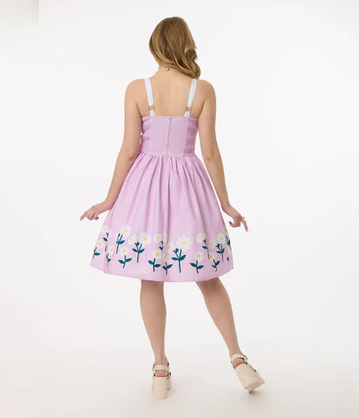 Disney Mickey & Friends Collection by Unique Vintage Lavender & Floral Mickey Border Cotton Swing... | UniqueVintage