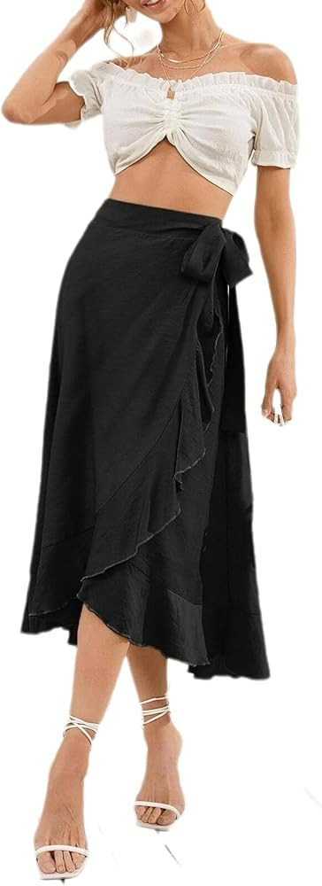 Melliflo Women Waistband Split Ruffle High Low Maxi Skirt 2024 New Solid Long Temperamental Wrap ... | Amazon (US)
