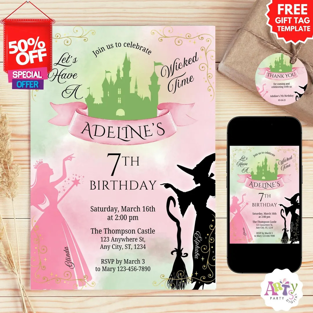 Wicked Birthday Invitation, FREE Gift Tag Template, Wicked Party Invite, Defy Gravity, Wizard of ... | Etsy (US)