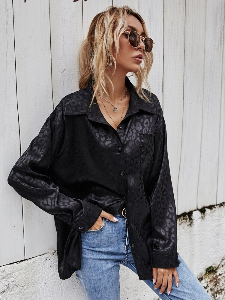 Leopard Pattern Button Through Satin Blouse | SHEIN