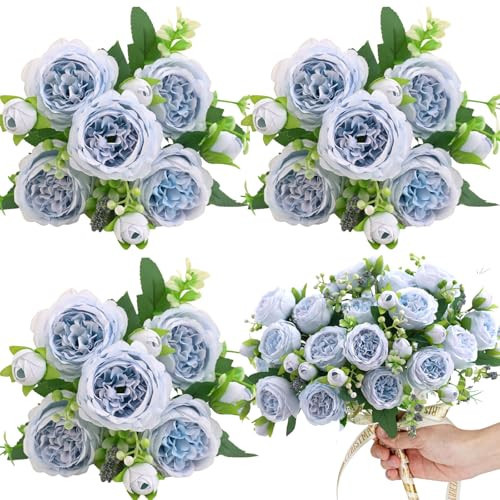 ASTRYAS Artificial Flowers, 3PCS Blue Artificial Fake Peony Flower Silk Peonies Faux Flowers Arrangements Table Centerpieces for Wedding Office Party Home Decoration | Amazon (US)