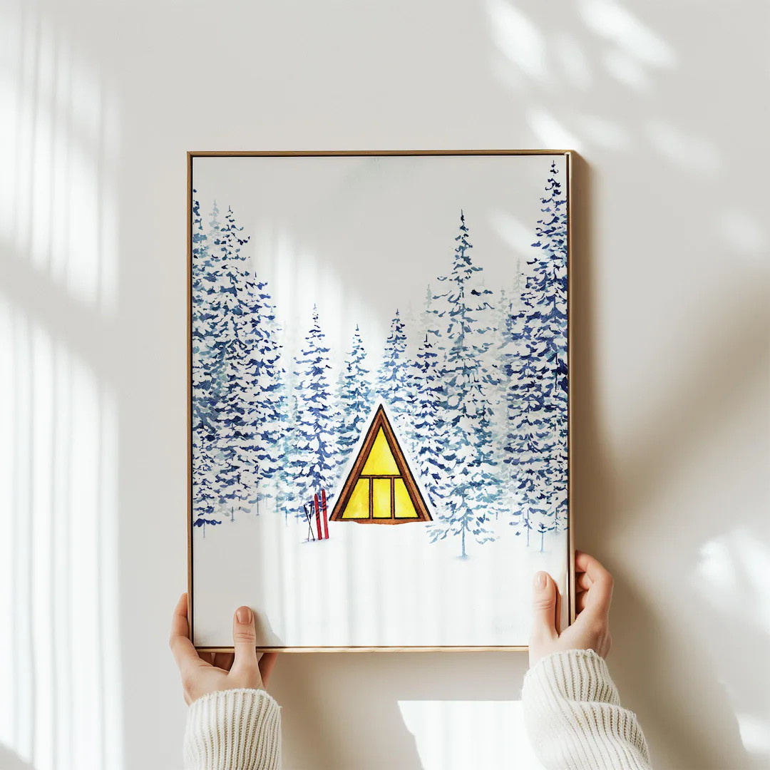 A-Frame Watercolor Art Print | Scandi Cabin, Winter Scene, Snowy Mountain Art, Apres Ski Lodge De... | Etsy (Global)