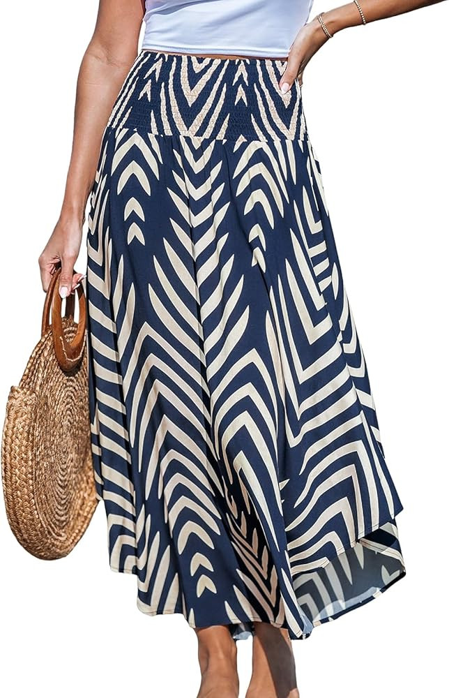 CUPSHE Skirts Abstract Smocked Midi Skirt High Waist Coverup Casual Vacation | Amazon (US)