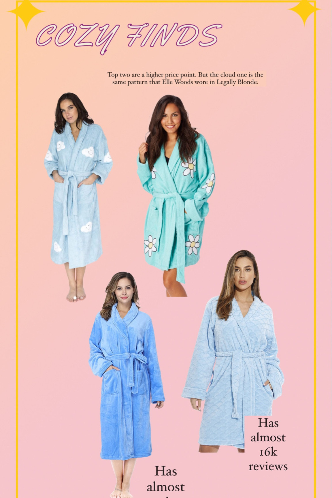 Who doesn’t love a good, cozy robe 🤌🏼💖
The top 2 robes are from Aegean apparel (cloud one seen on Elle Woods from legally blonde) 

Comfortable, comfort, Bath robes, robe, soft robes, Trending gifts, gift guide, Basic girl gifts, shower essential, Viral gifts, loungewear, travel friendly, fuzzy, lounge attire, daughter gift, Sister gift, Wife gift, Girlfriend gift, Favorite gifts, Popular gifts, Mom gifts, Easy gift, trendy gifts, thoughtful, legally blonde, Reese Witherspoon, Elle woods 

#LTKGiftGuide #LTKFind #LTKHoliday